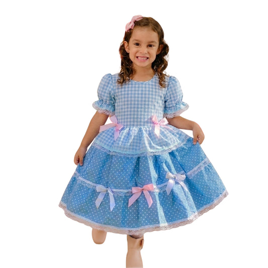 Vestido Festa Junina Xadrez Azul com Rosa