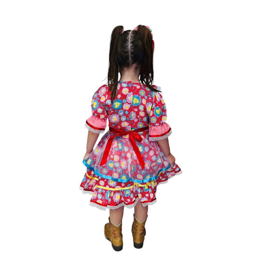 Vestido Festa Junina Laço Azul com Tule