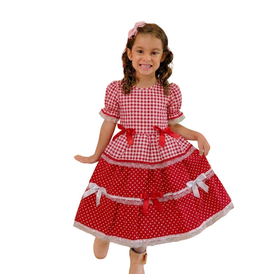 Vestido Festa Junina Xadrez Vermelho Coração