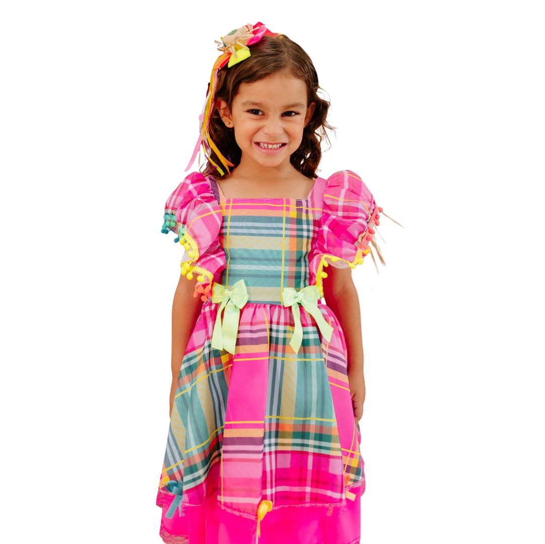 Vestido Festa Junina Luxo Rosa Neon