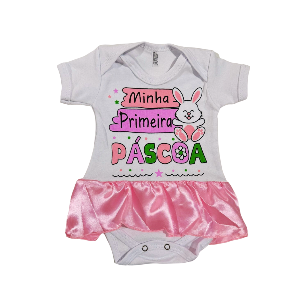 Body Bebê Páscoa Branco com Rosa Saia