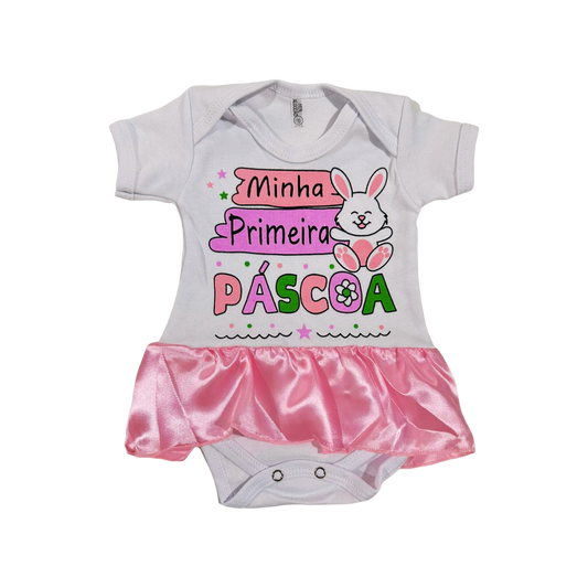 Body Bebê Páscoa Branco com Rosa Saia