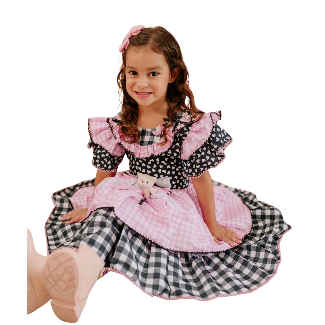 Vestido Festa Junina Preto com Rosa Ursinho