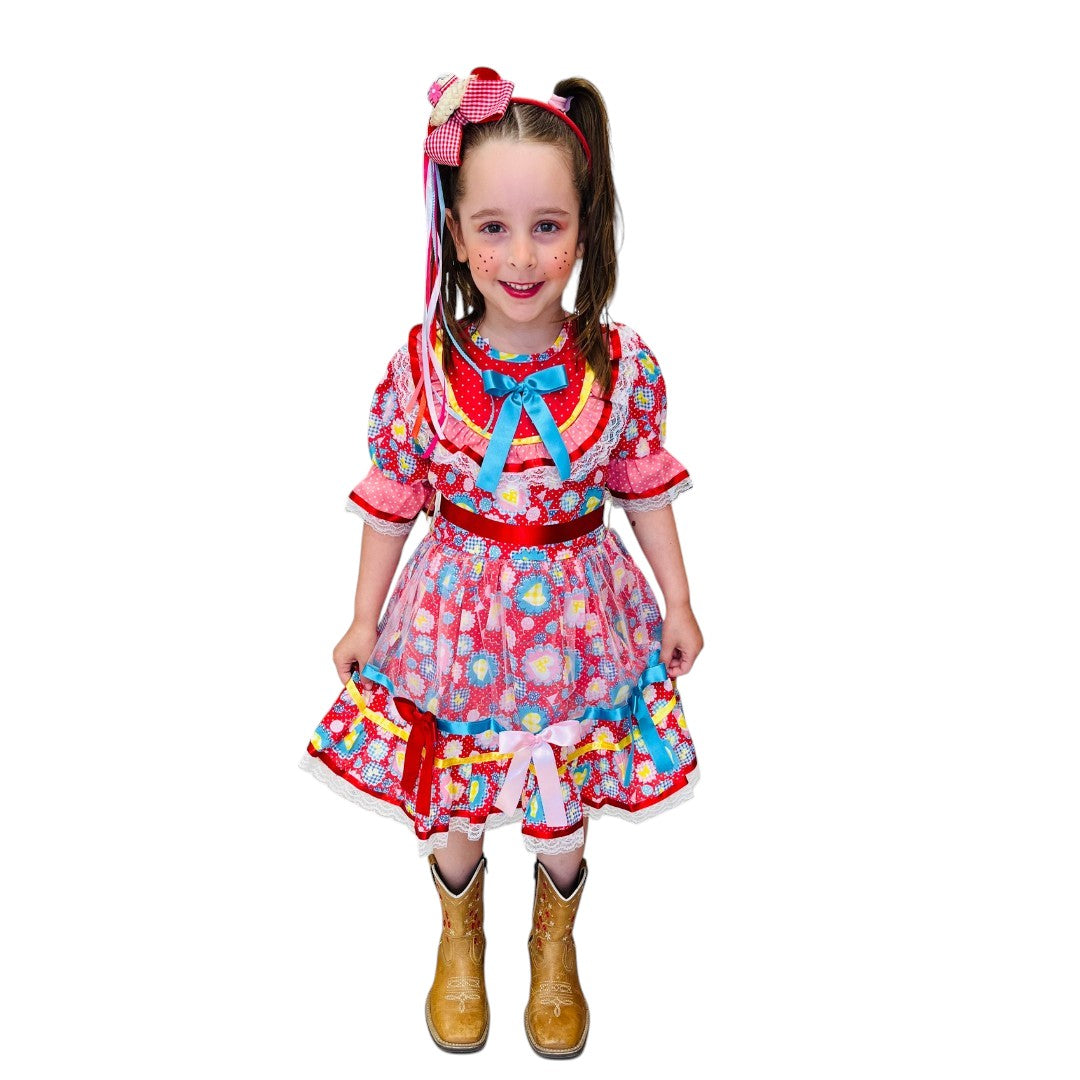 Vestido Festa Junina Laço Azul com Tule