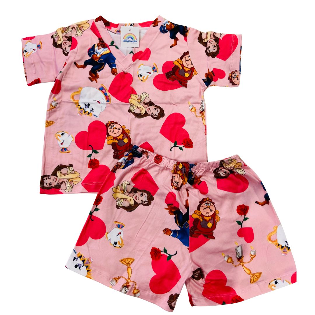 Pijama Infantil Manga Curta Bela e a Fera