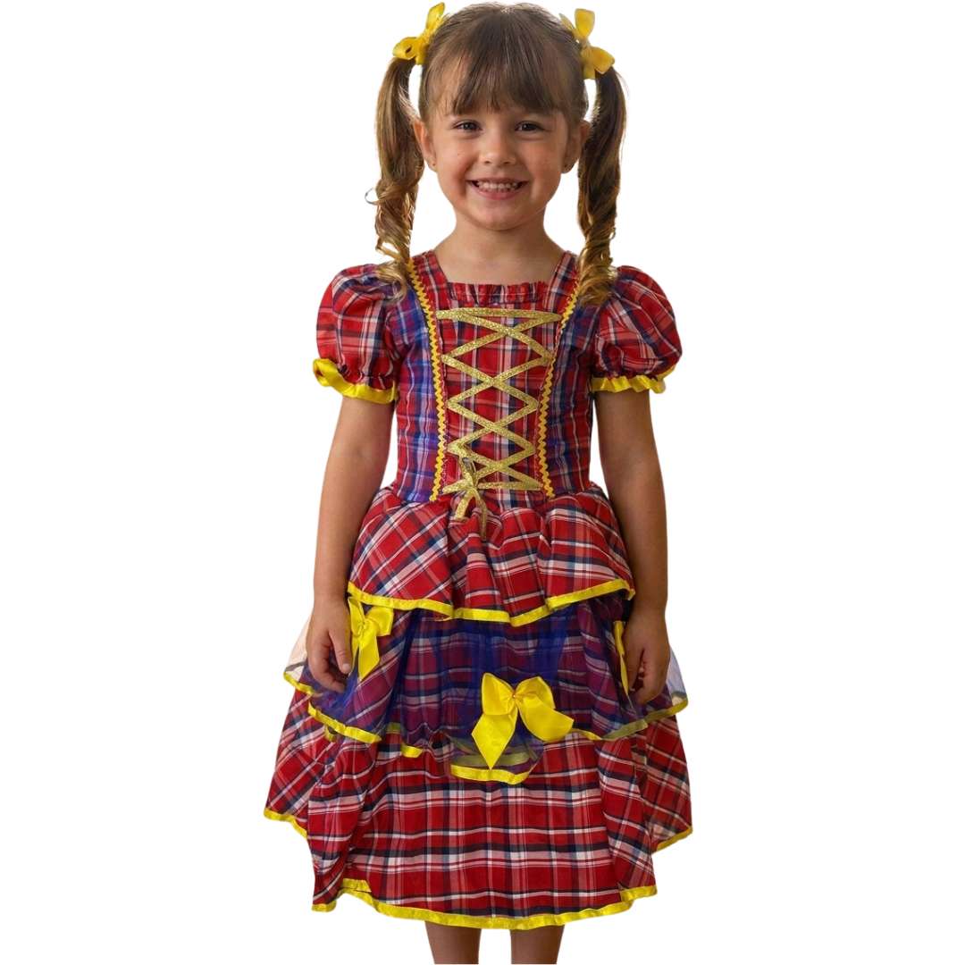 Vestido Festa Junino Xadrez Vermelho com Tule Azul