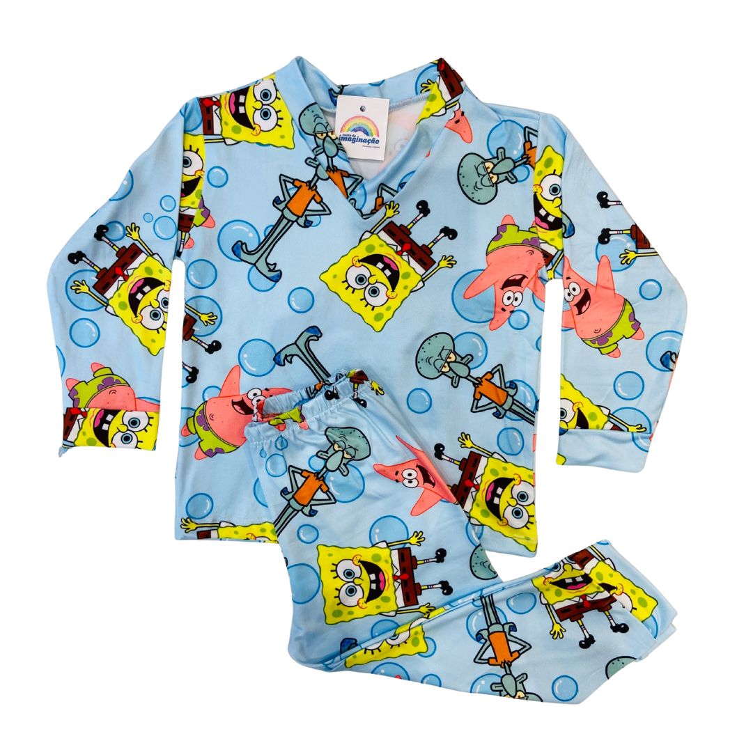 Pijama Infantil Manga Longa Bob Esponja Azul