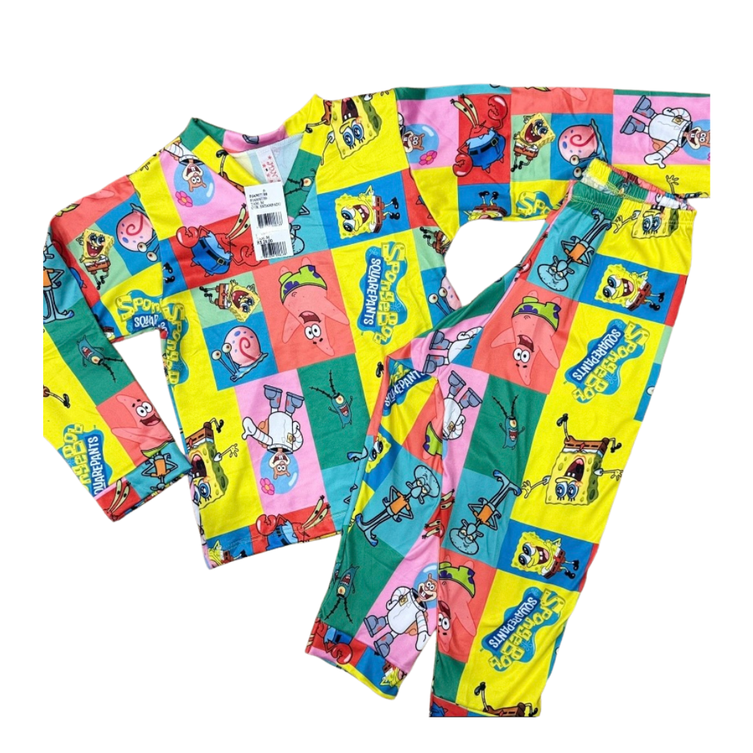 Pijama Infantil Manga Longa Bob Esponja Colorido