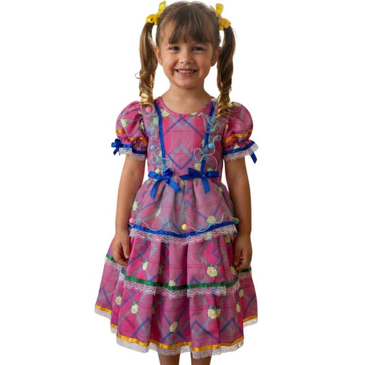 Vestido Festa Junina Rosa com Tule Transparente