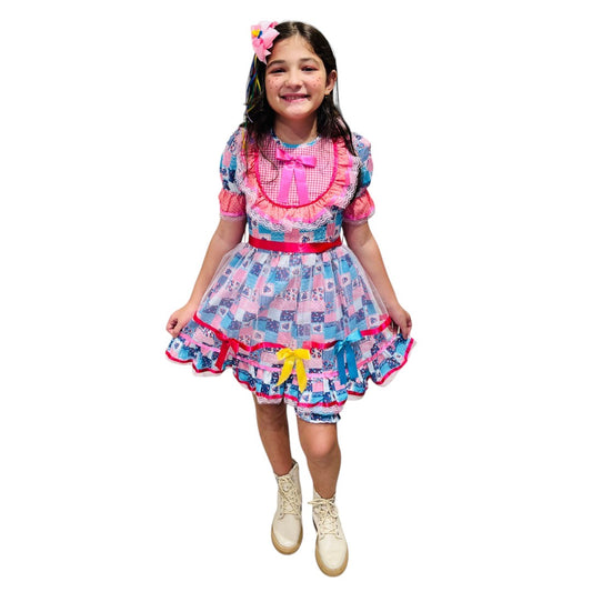 Vestido Festa Junina Quadriculado Florzinhas Rosa