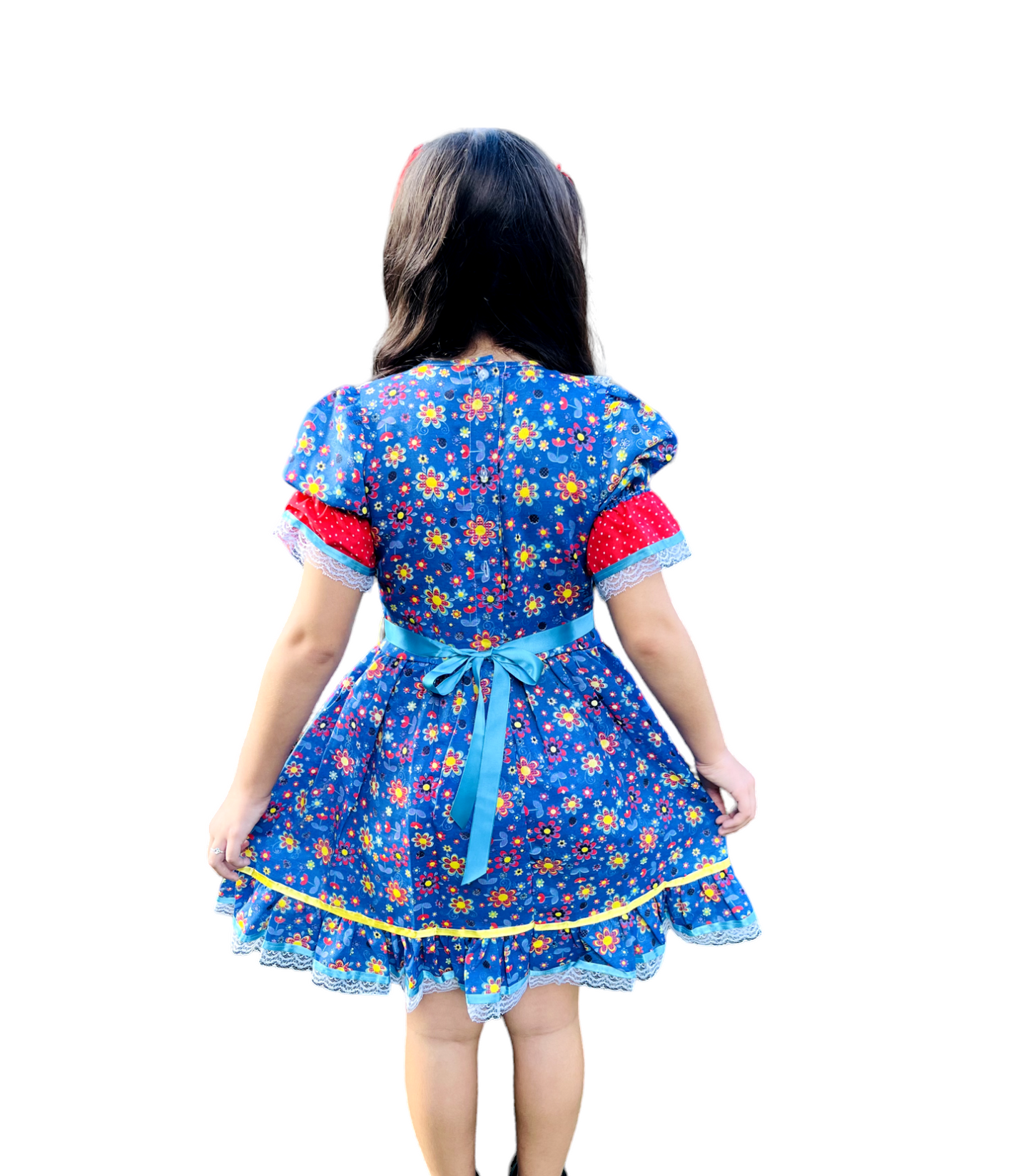 Vestido Festa Junina Azul Florzinhas