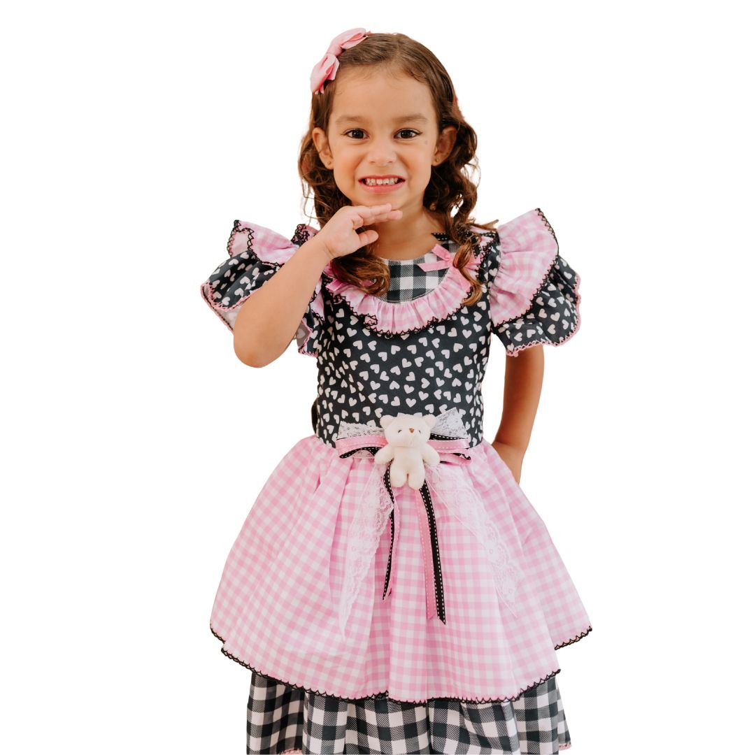 Vestido Festa Junina Preto com Rosa Ursinho