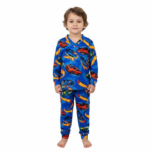 Pijama Infantil Manga Longa HotWheels Azul