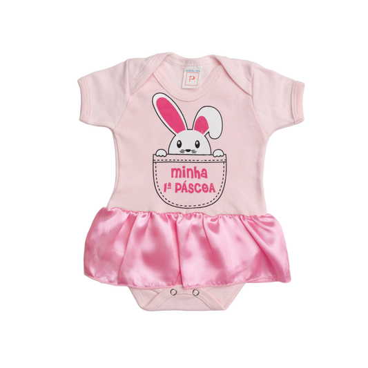 Body Bebê 1ª Páscoa Rosa Com Saia