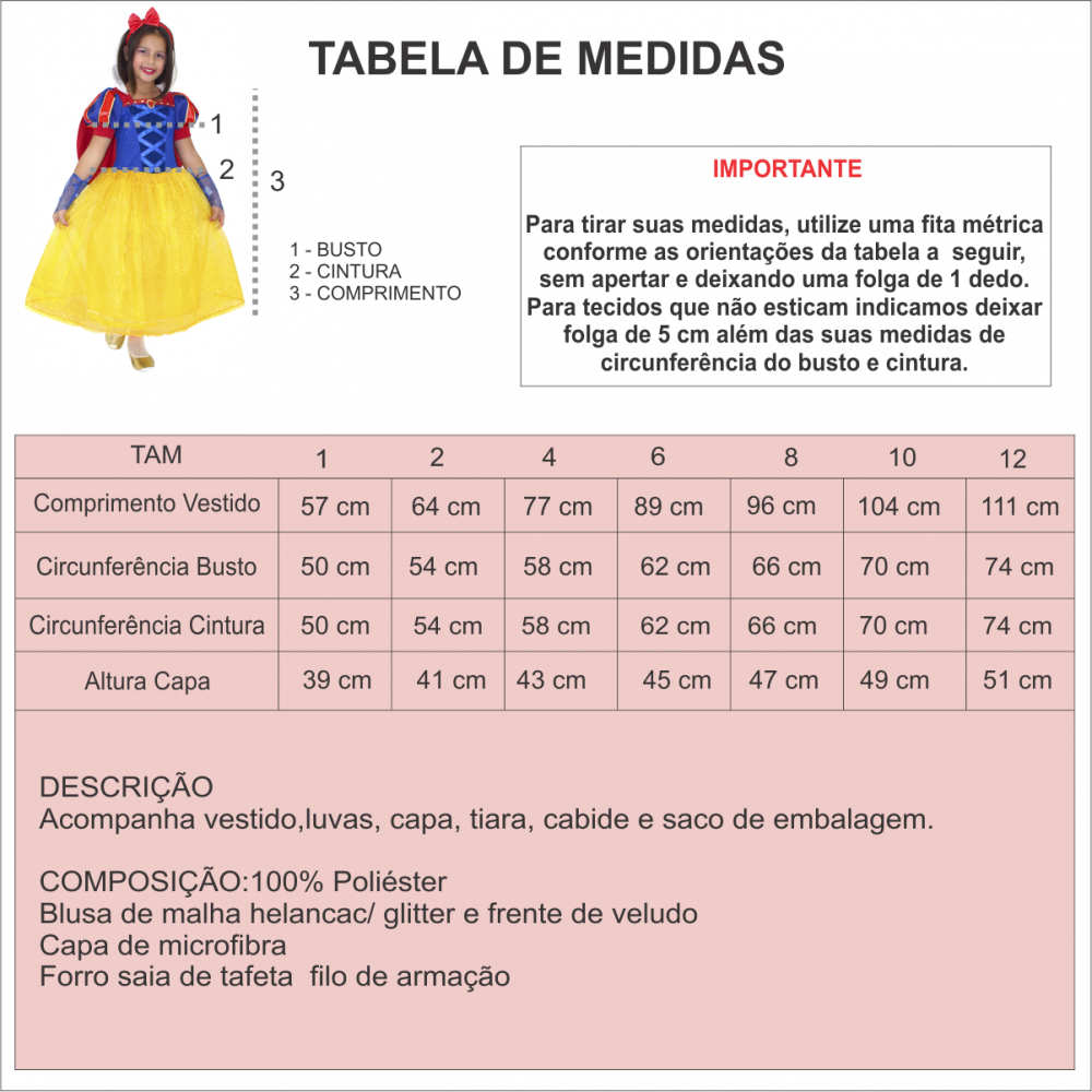 Fantasia Infantil Branca de Neve Luxo
