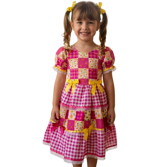Vestido Festa Junina Quadriculado Rosa e Amarelo