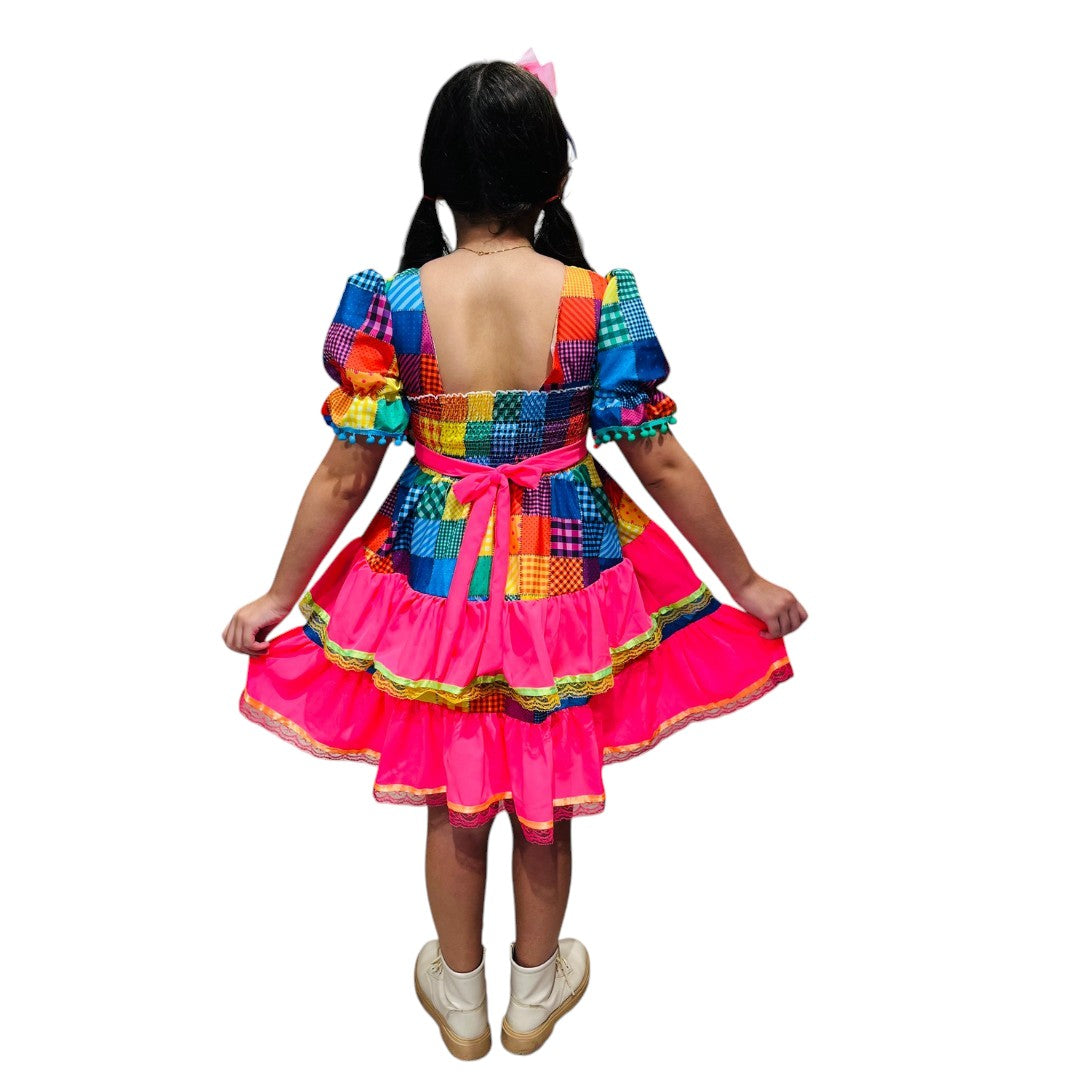 Vestido Festa Junina Luxo Xadrez Colorido