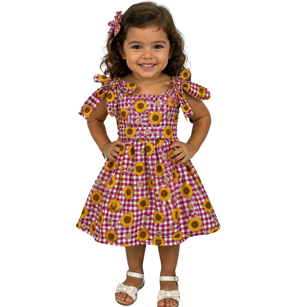Vestido Festa Junina Xadrez Girassol