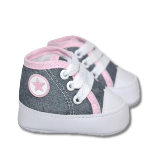 Tênis Bebê Cano Alto Jeans com Rosa
