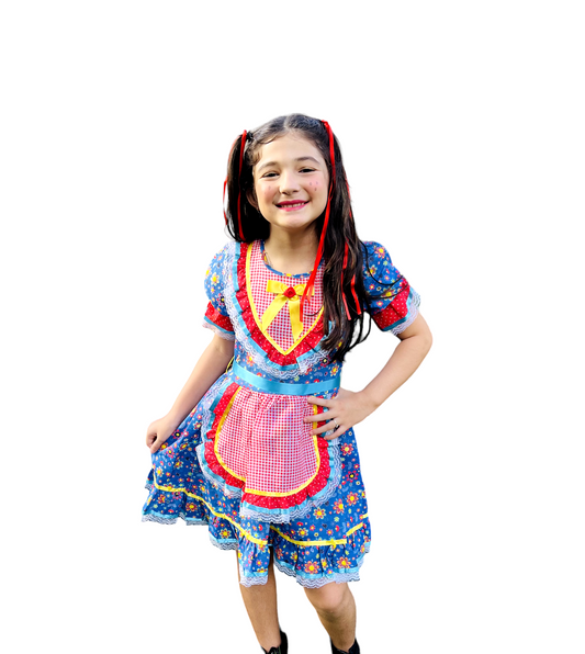 Vestido Festa Junina Azul Florzinhas