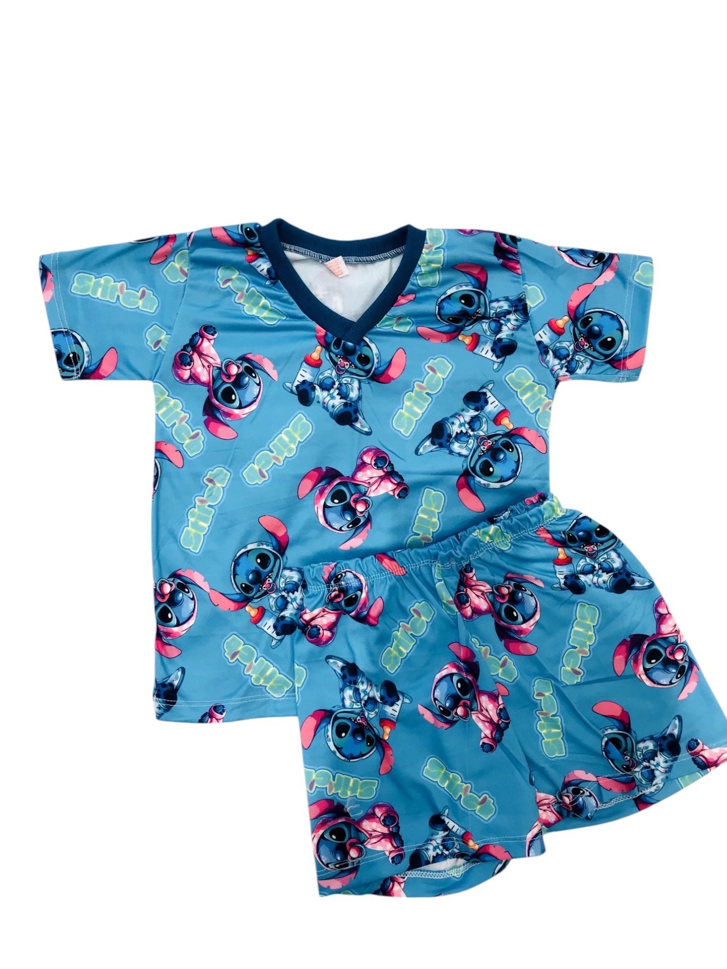 Pijama Infantil Manga Curta Stitch Azul