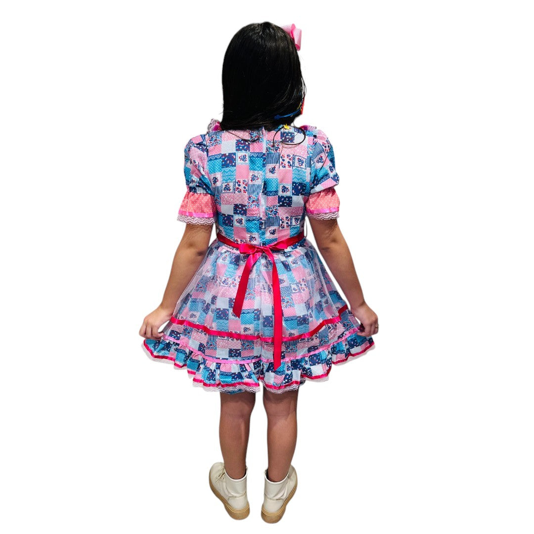 Vestido Festa Junina Quadriculado Florzinhas Rosa