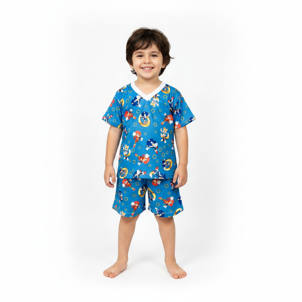 Pijama Infantil Manga Curta Sonic Azul