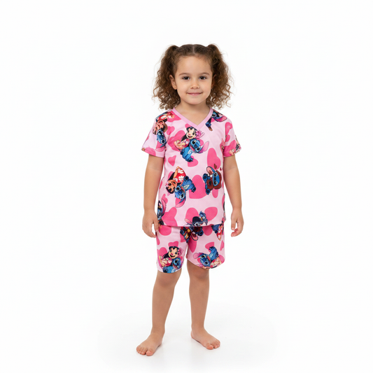 Pijama Infantil Manga Longa Stitch Rosa