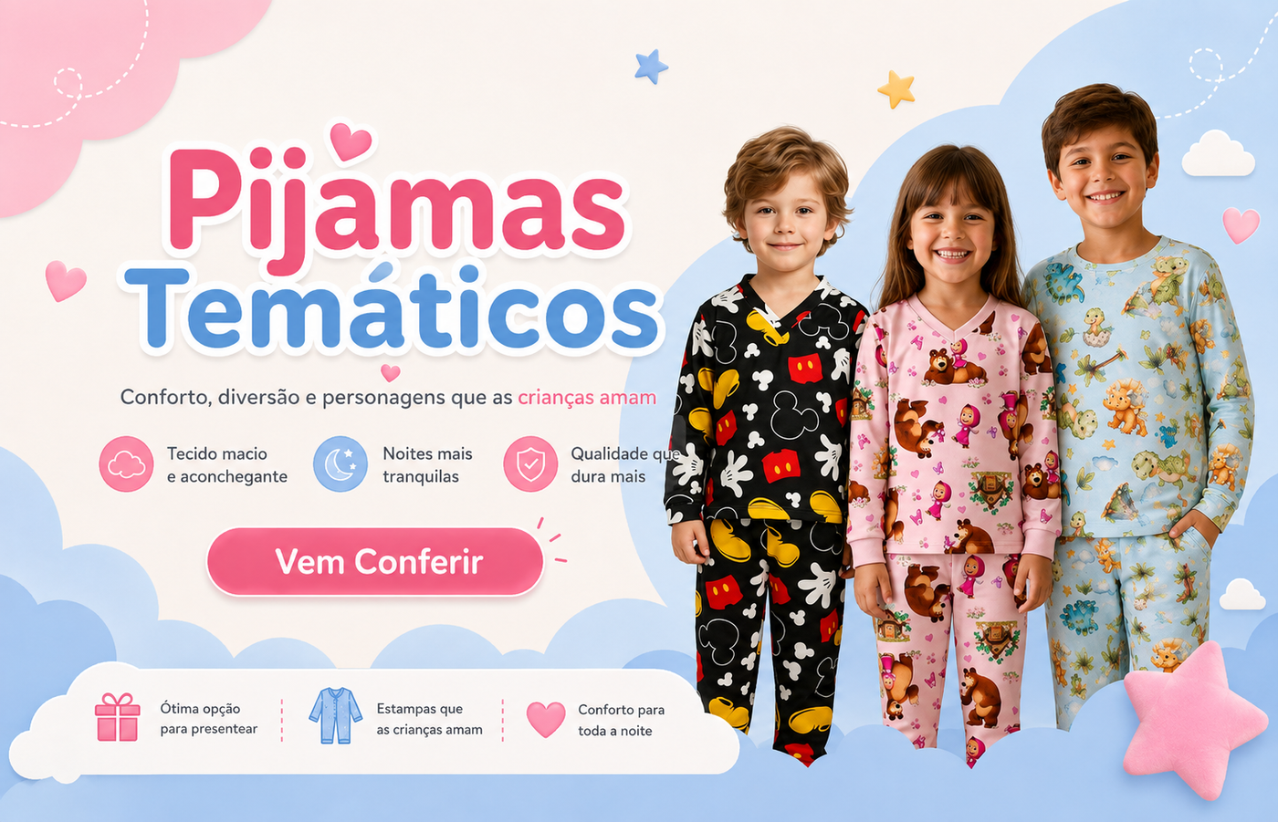 Pijamas temáticos para noites mais divertidas.