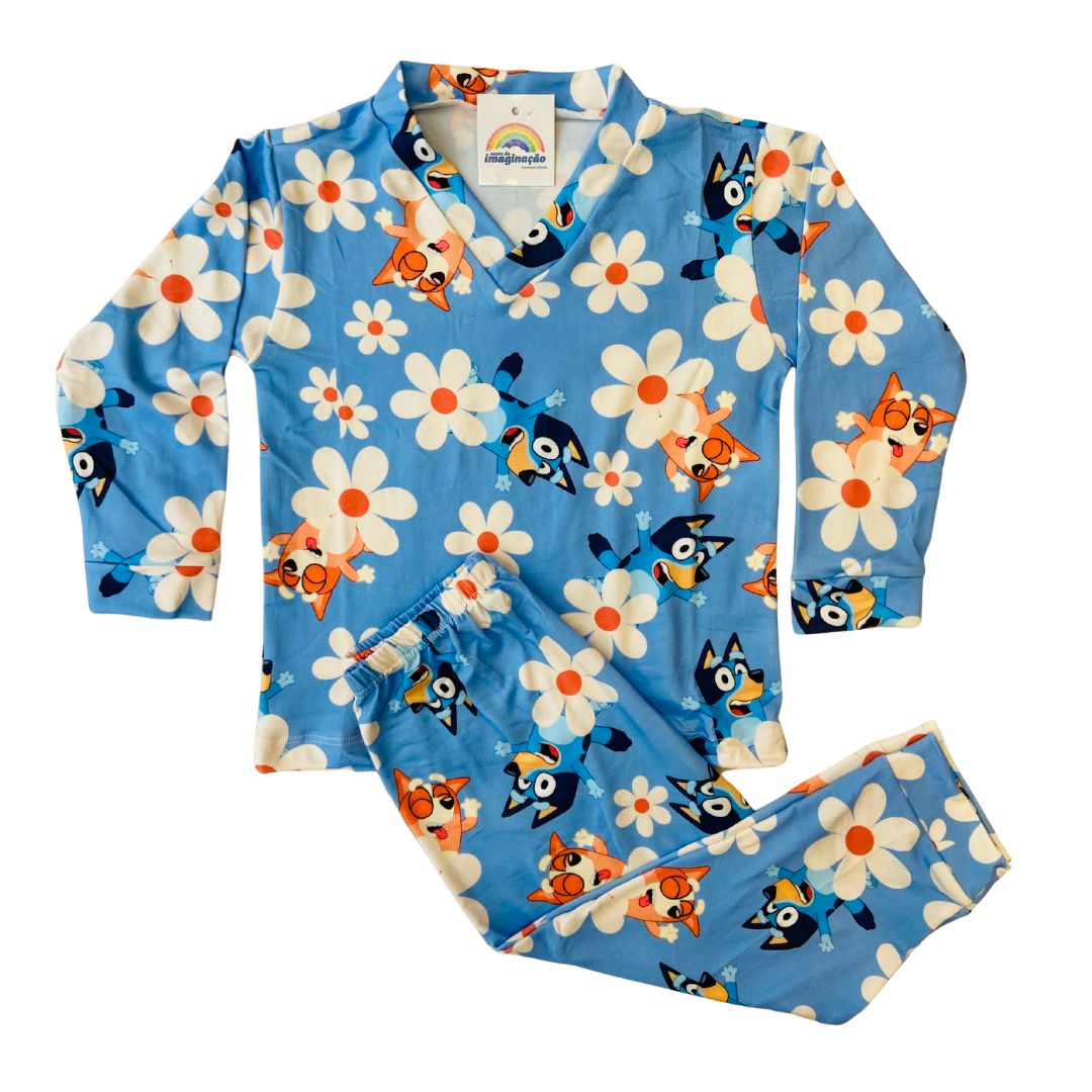 Pijama Infantil Manga Longa Bluey Florzinhas