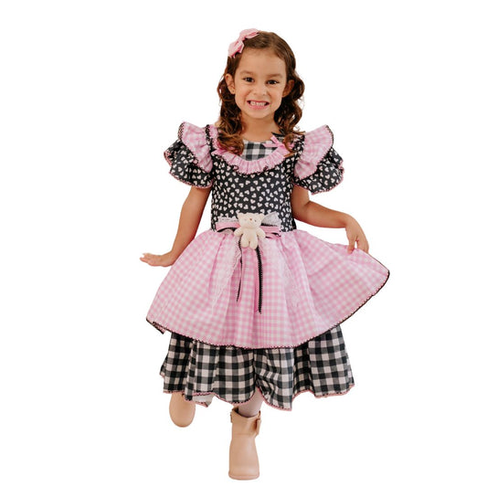Vestido Festa Junina Preto com Rosa Ursinho