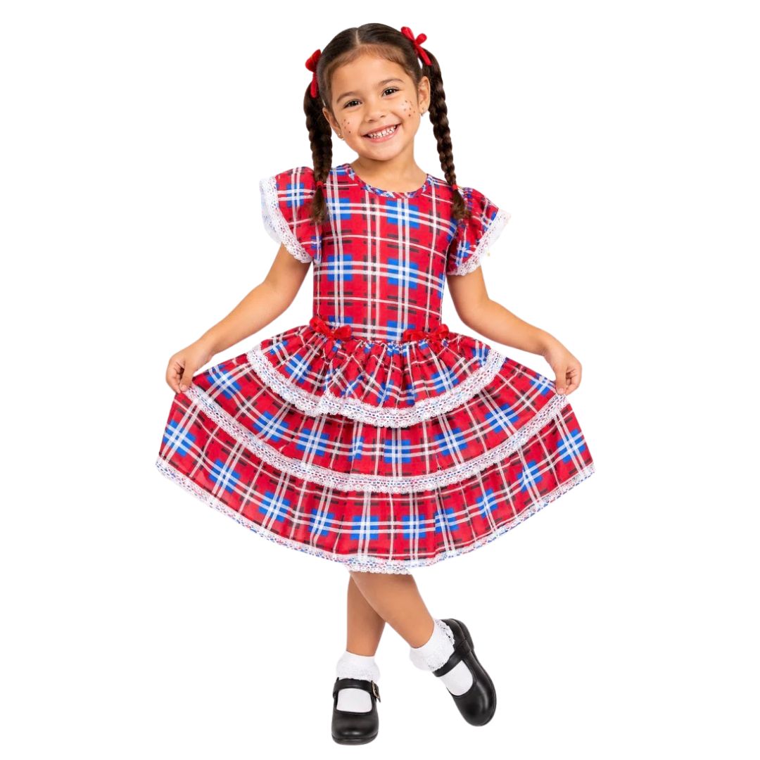 Vestido Festa Junina Xadrez Vermelho com Azul