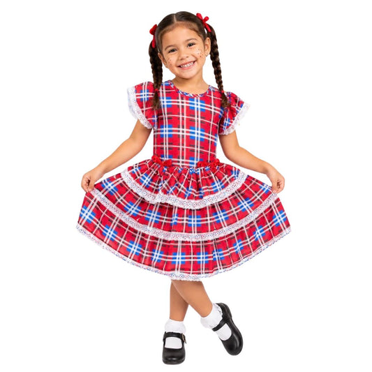 Vestido Festa Junina Xadrez Vermelho com Azul