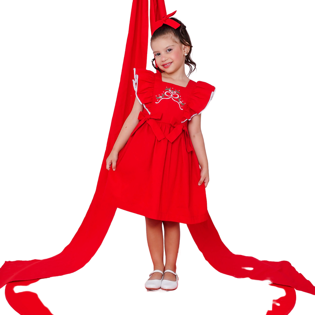 Vestido Infantil Vermelho Natal Bordados