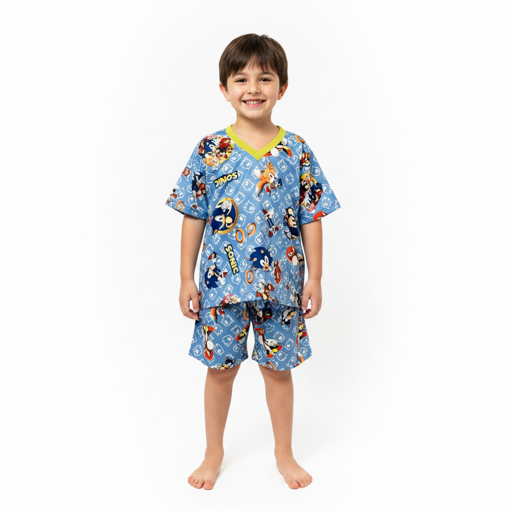 Pijama Infantil Manga Curta Sonic Azul Bebê