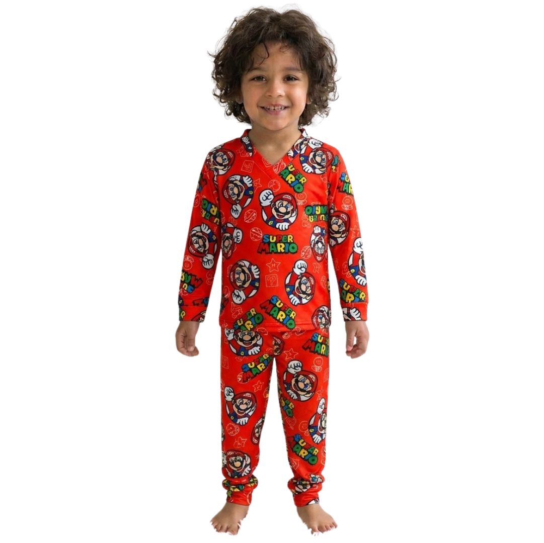 Pijama Infantil Manga Longa Super Mário Vermelho