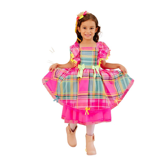 Vestido Festa Junina Luxo Rosa Neon