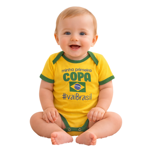Body Bebê Minha 1ª Copa Amarelo Vai Brasil