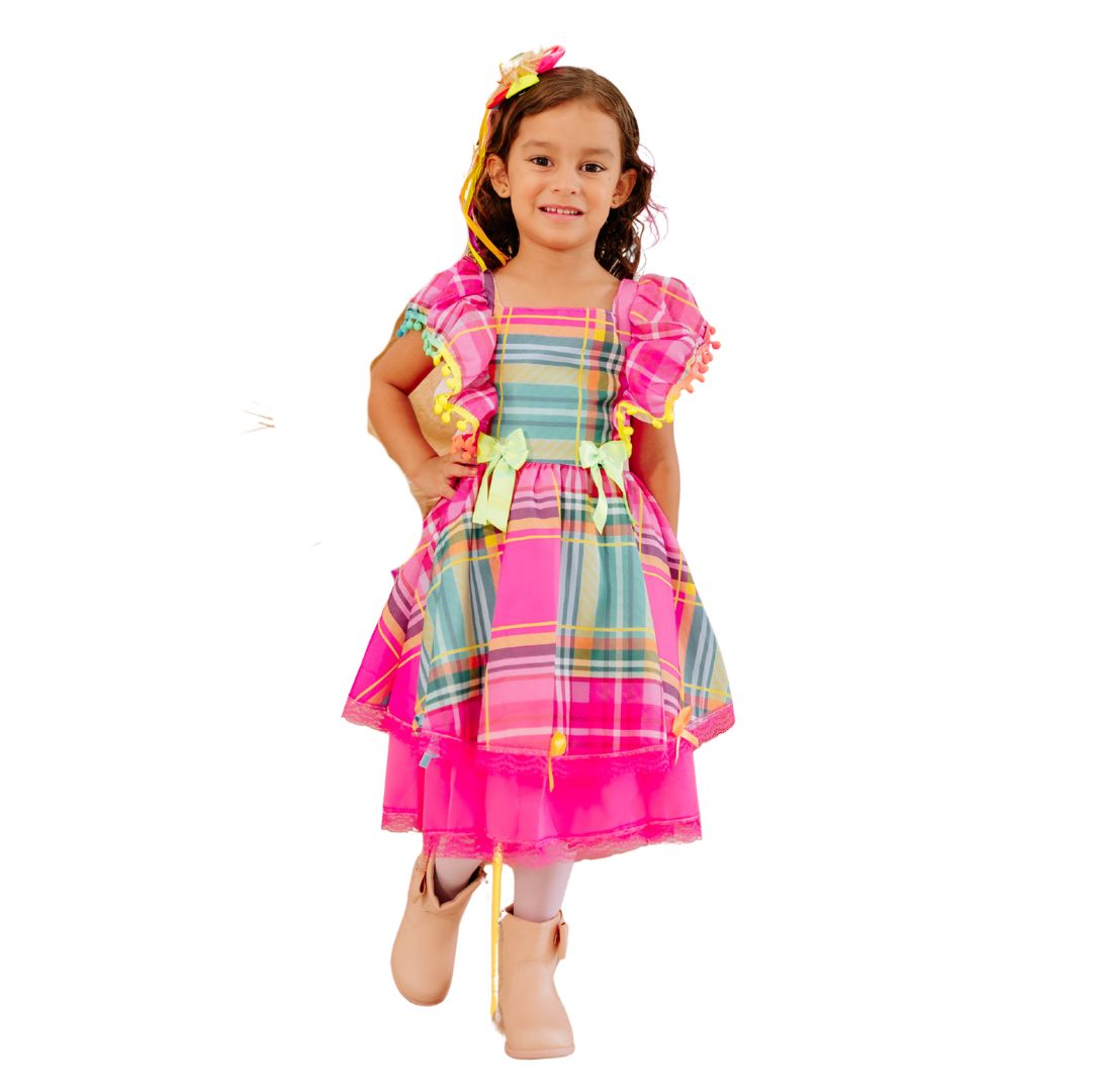 Vestido Festa Junina Luxo Rosa Neon