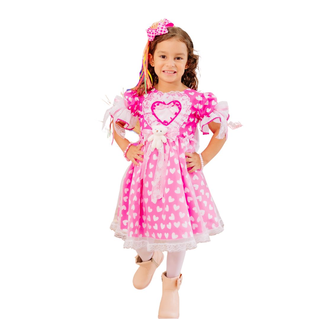 Vestido Festa Junino Luxo Rosa Ursinho