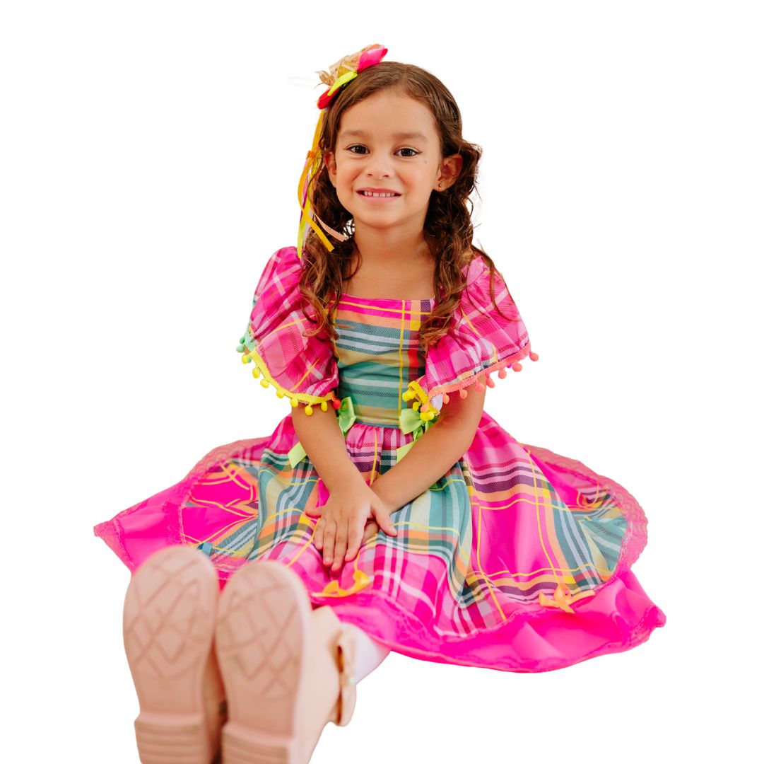 Vestido Festa Junina Luxo Rosa Neon