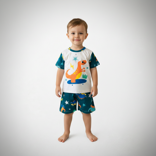 Pijama Infantil Manga Curta Dinossauro Skate