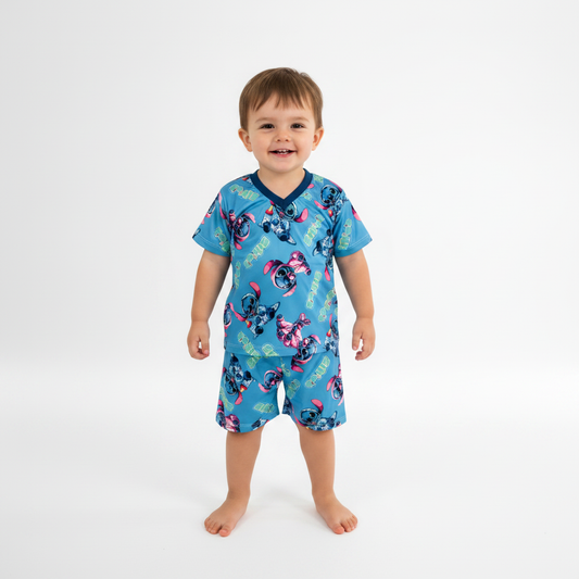 Pijama Infantil Manga Curta Stitch Azul
