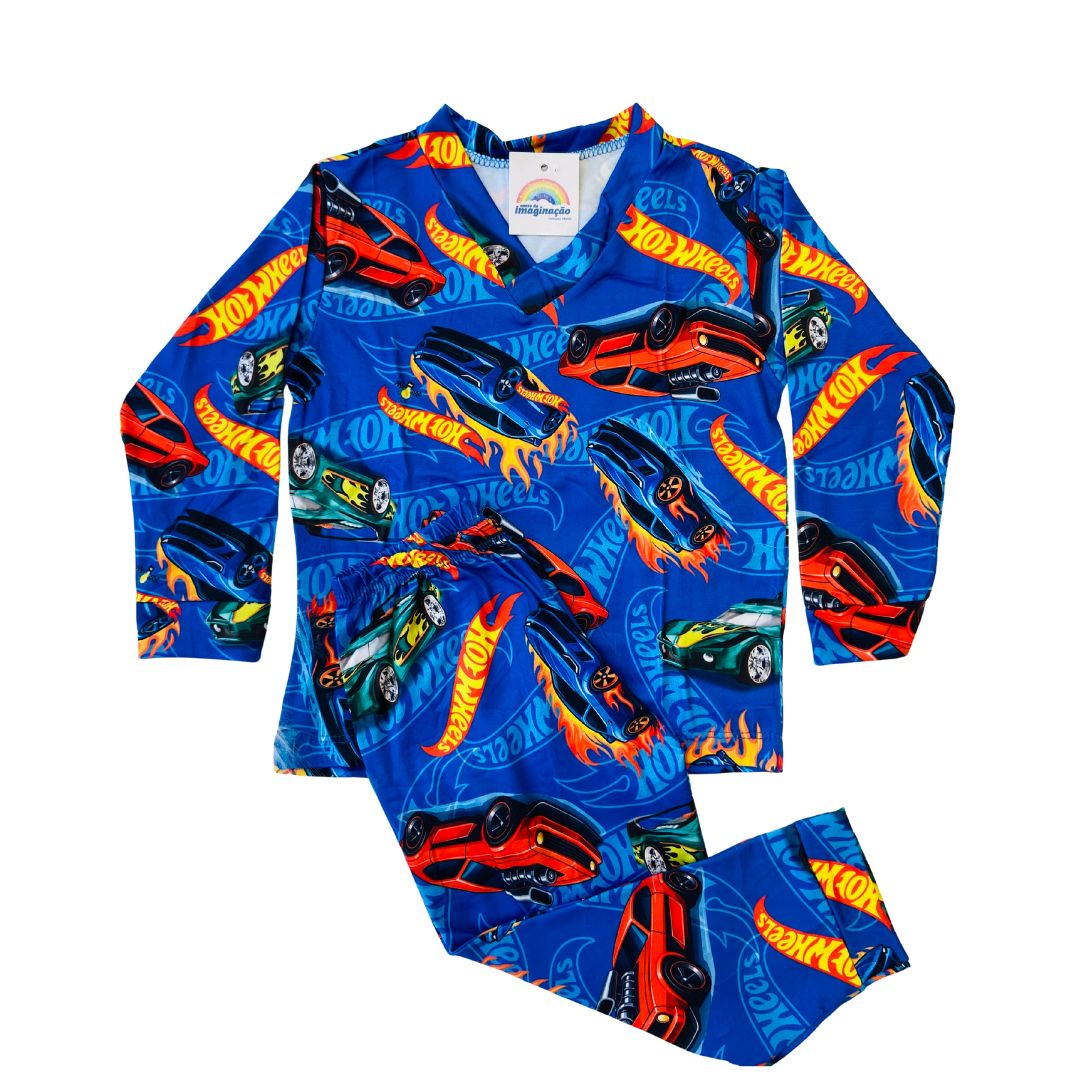 Pijama Infantil Manga Longa HotWheels Azul