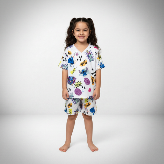Pijama Infantil Manga Curta Stitch Branco