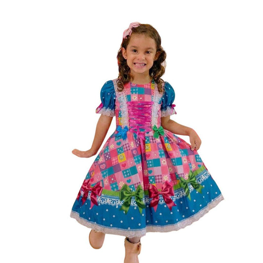 Vestido Festa Junina Xadrez Colorido Laço
